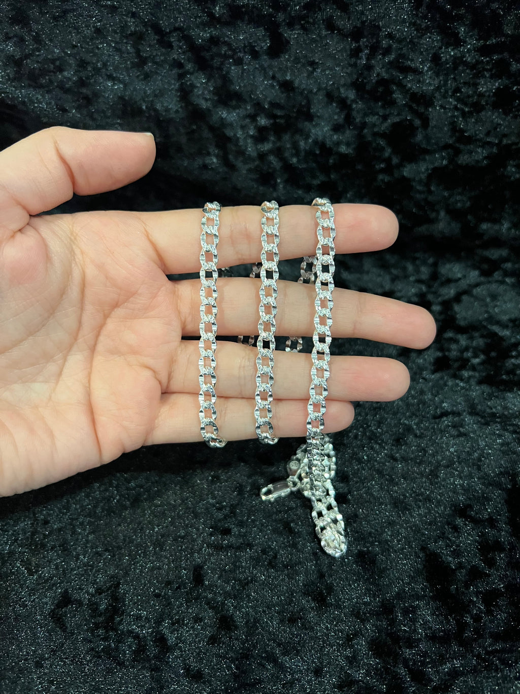 925 Sterling Silver Deck Pave Nugget Diamond Cut Curb Cuban Chain Necklace