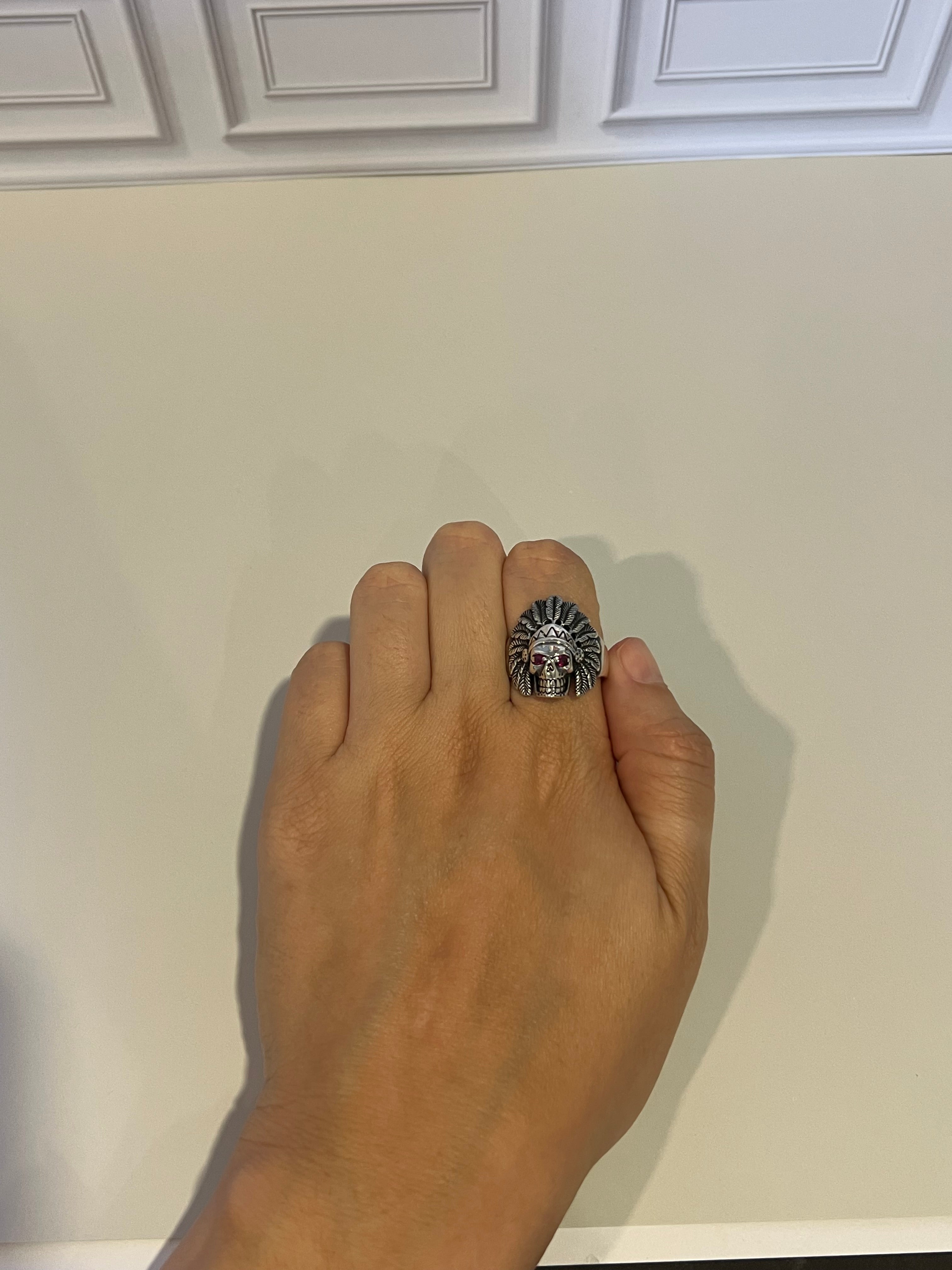 925 Sterling Silver Men's Indian Chief Skull Oxidized Ring