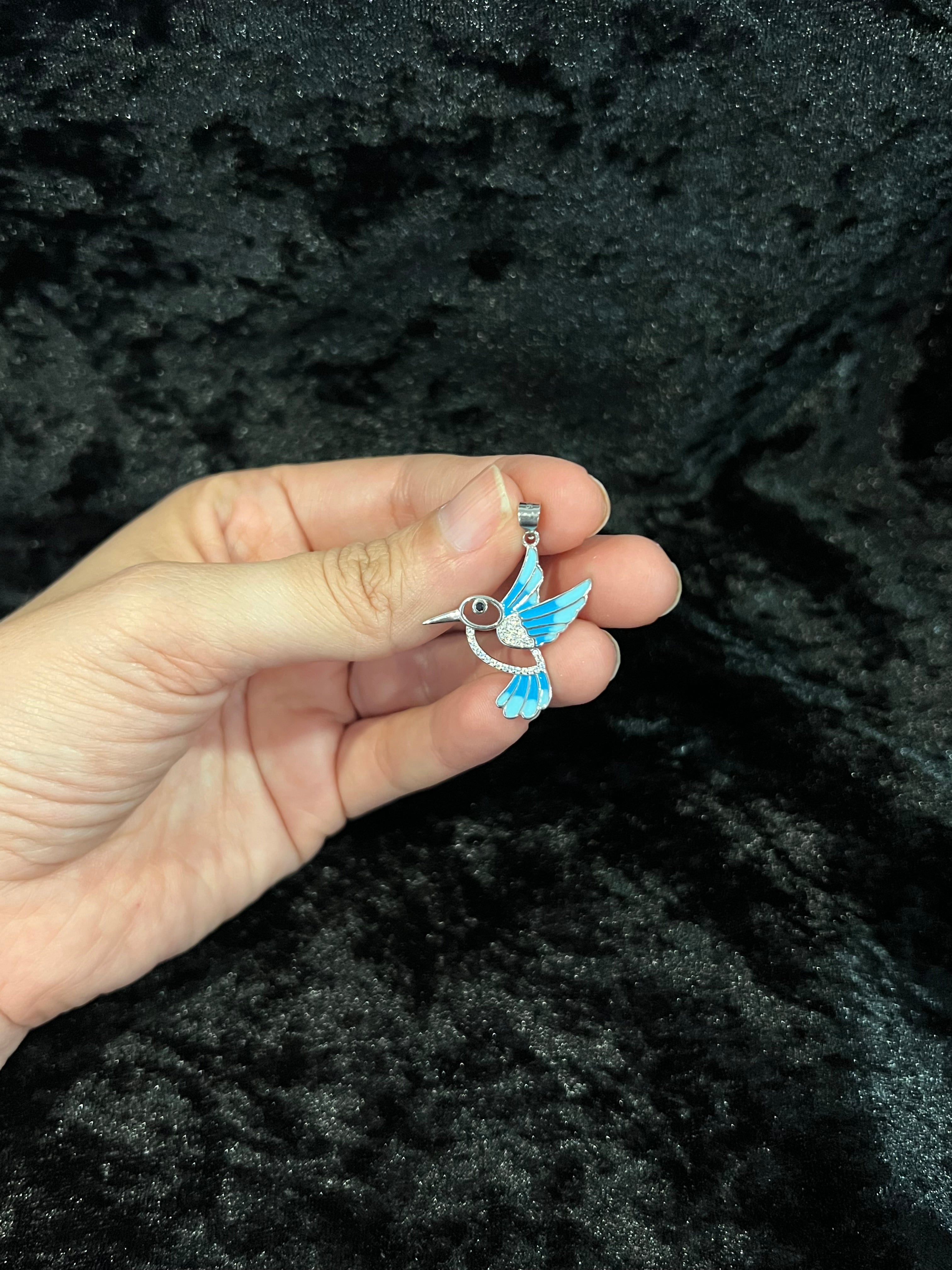 925 Sterling Silver Women's Girls Men's Blue Humming Bird Pendant Charm