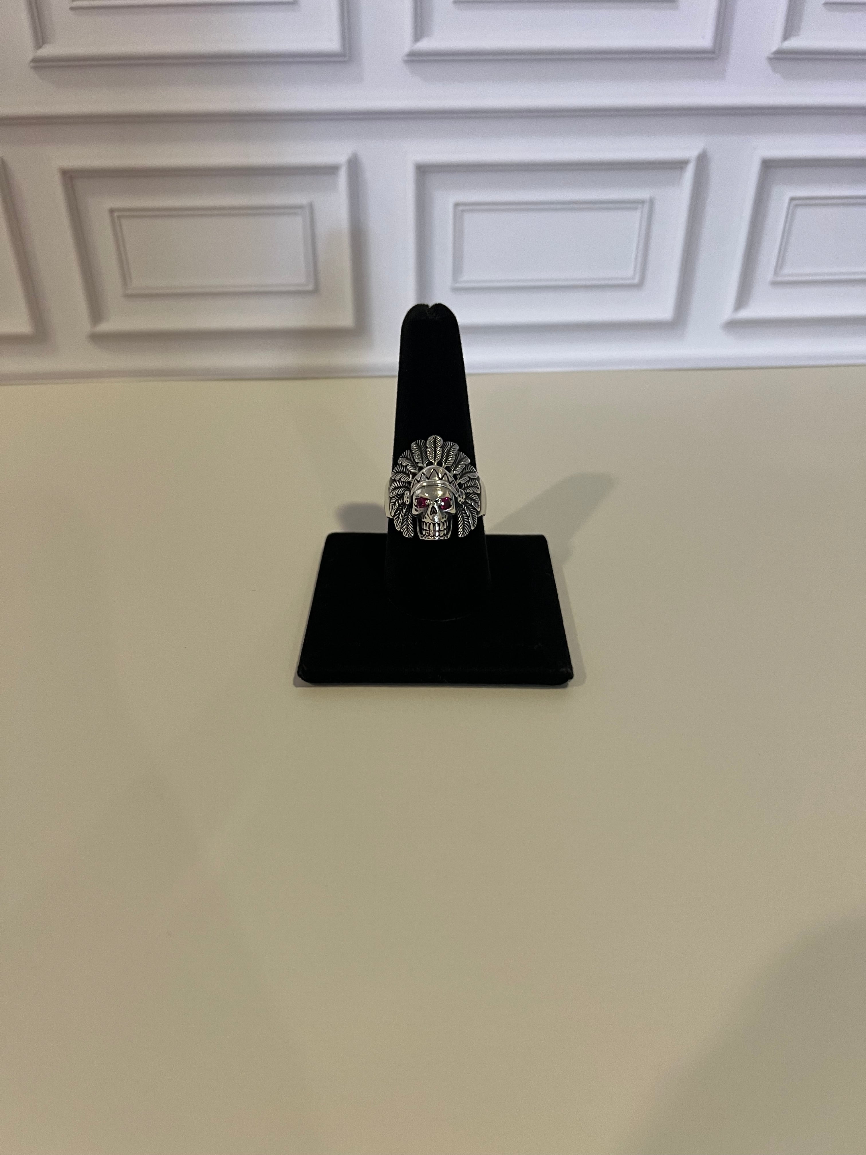 925 Sterling Silver Men's Indian Chief Skull Oxidized Ring