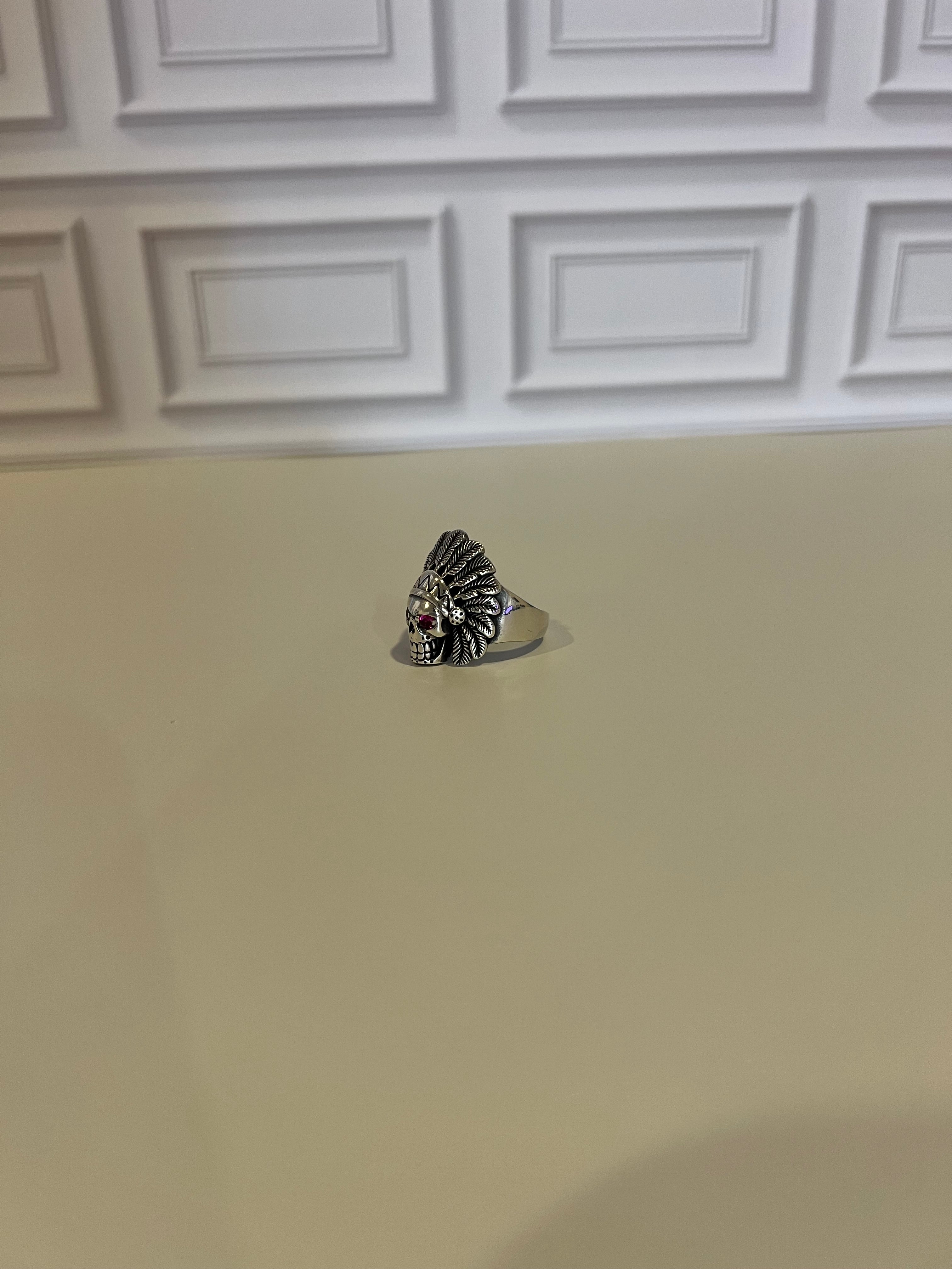 925 Sterling Silver Men's Indian Chief Skull Oxidized Ring