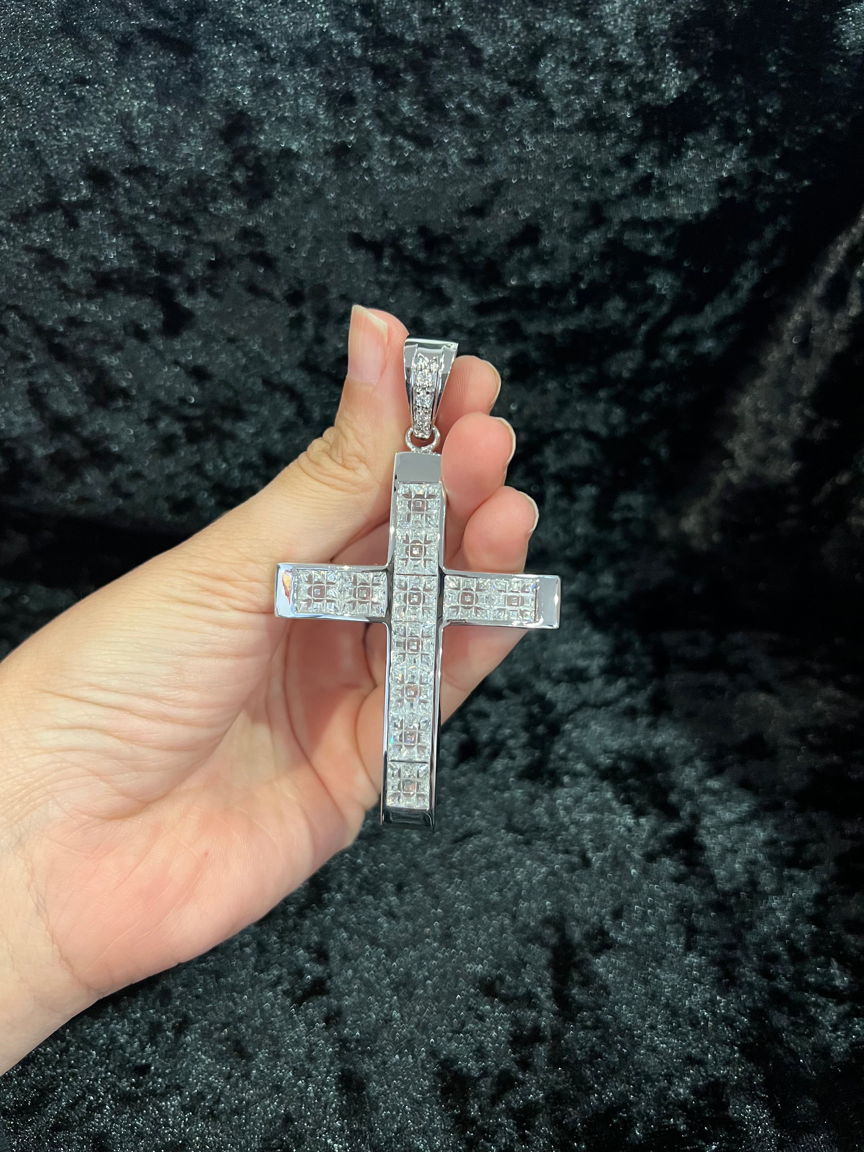 925 Sterling Silver Men Male BIG Cross White CZ Hip Hop Pendant Medal
