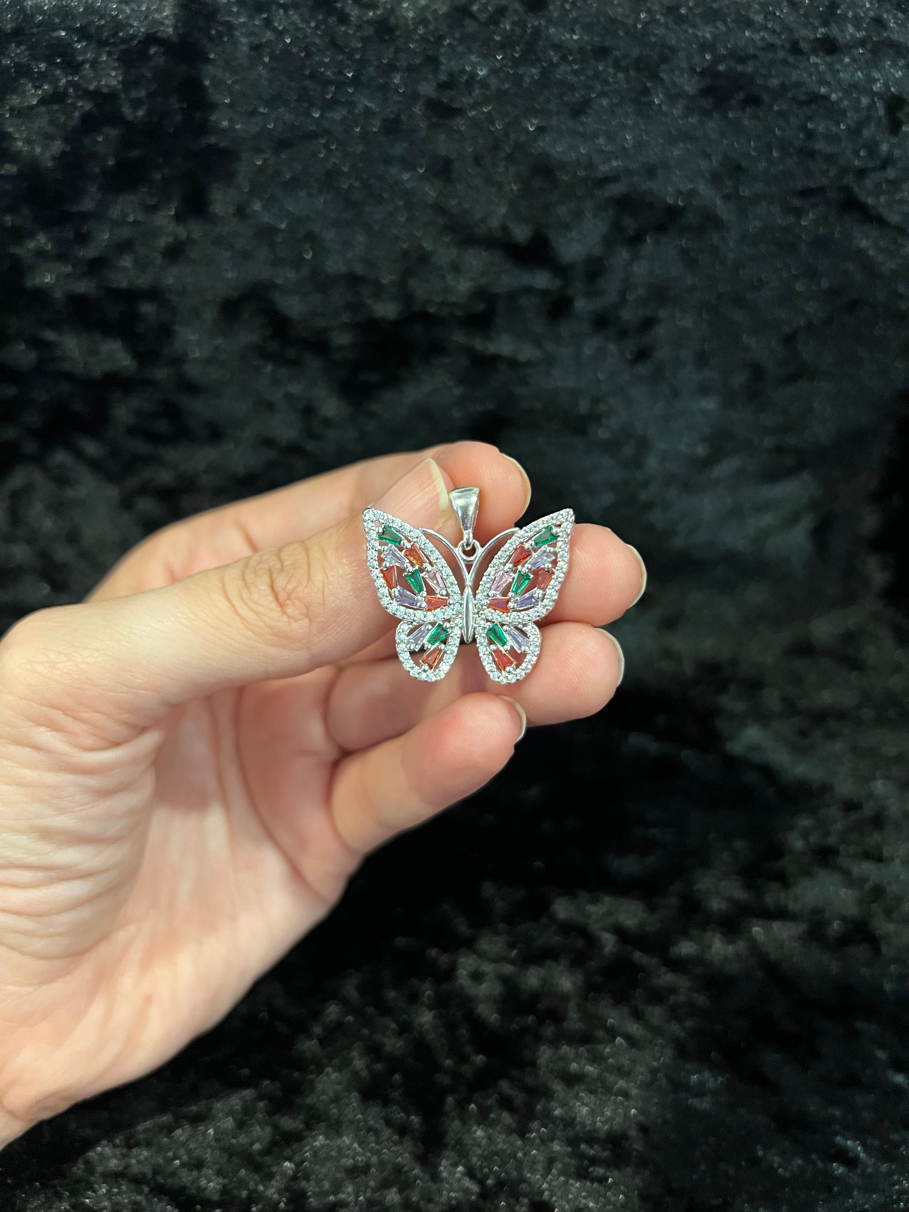 925 Sterling Silver Women Ladies Colorful CZ Butterfly Mariposa Pendant Charm