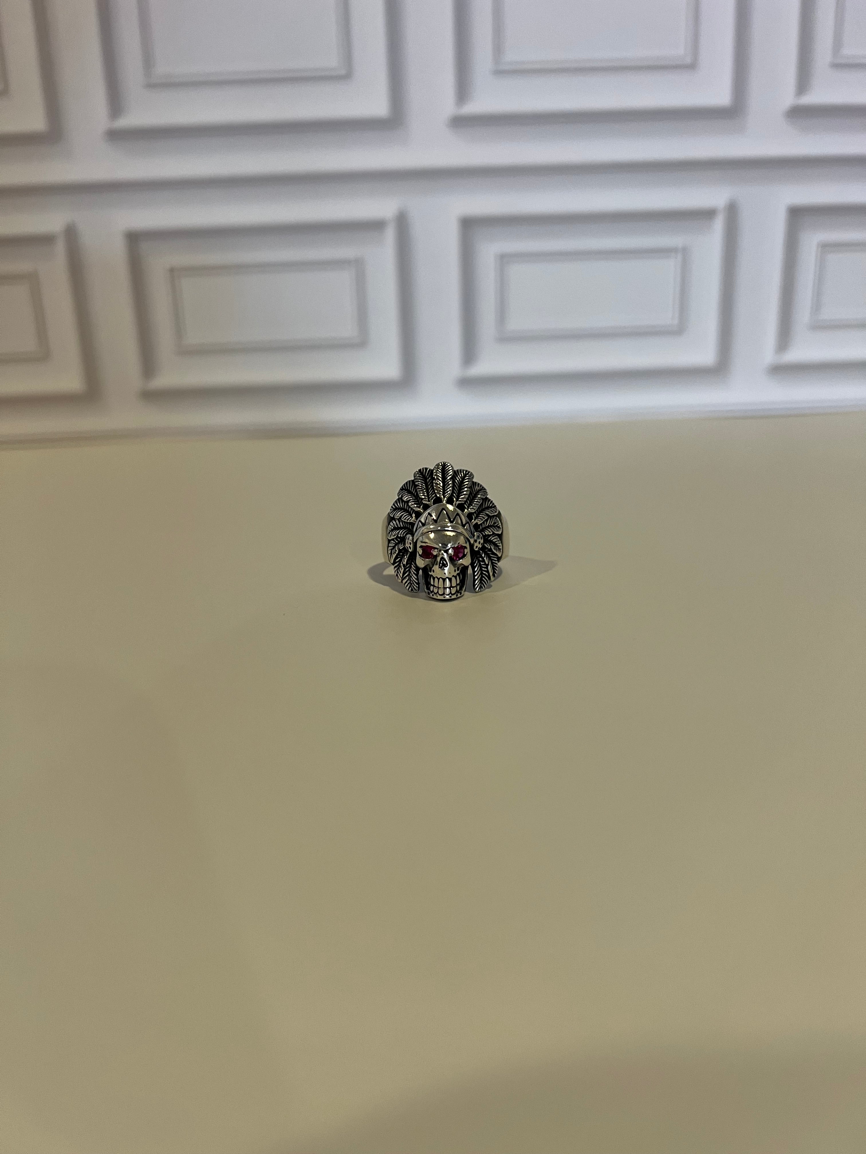 925 Sterling Silver Men's Indian Chief Skull Oxidized Ring