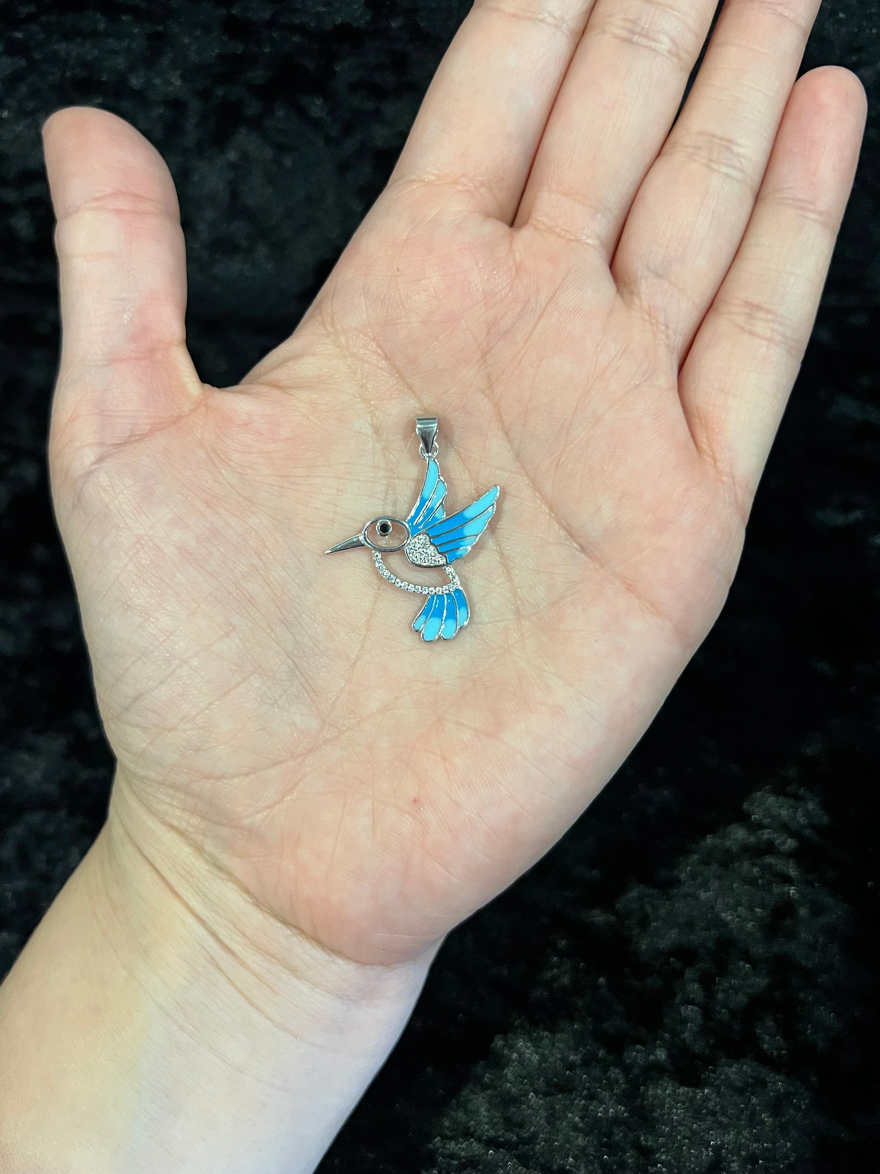 925 Sterling Silver Women's Girls Men's Blue Humming Bird Pendant Charm