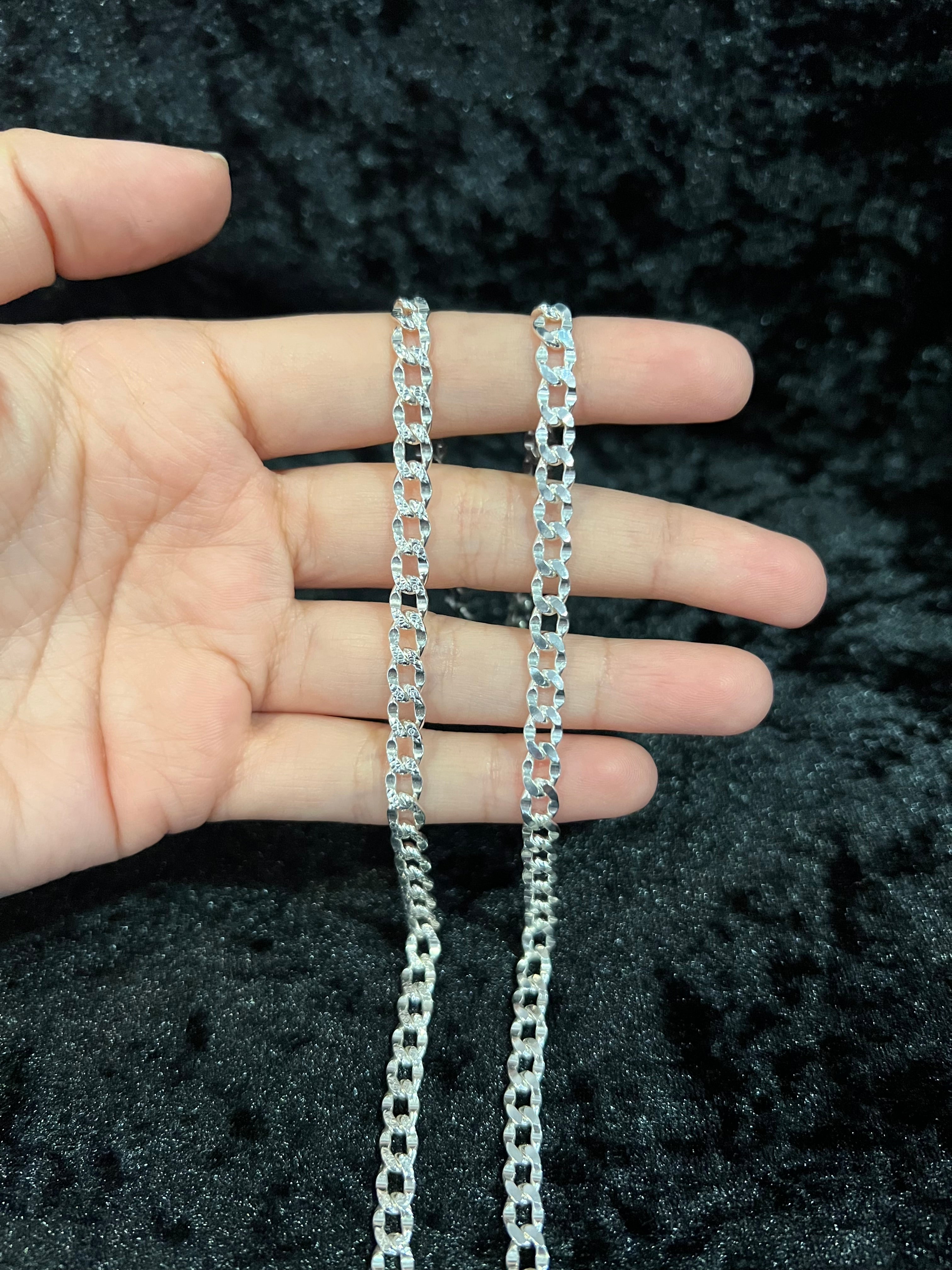 925 Sterling Silver Deck Pave Nugget Diamond Cut Curb Cuban Chain Necklace