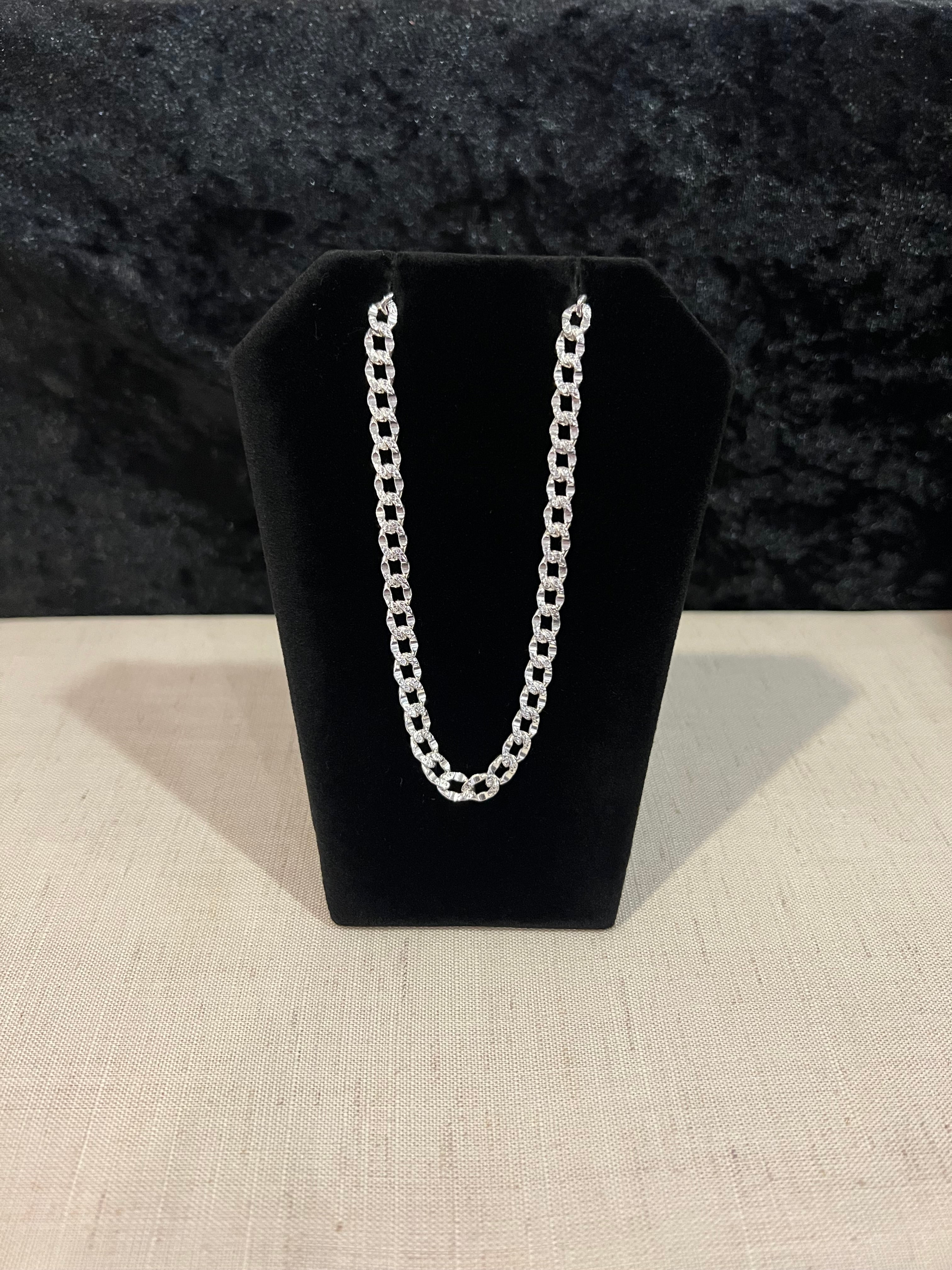 925 Sterling Silver Deck Pave Nugget Diamond Cut Curb Cuban Chain Necklace