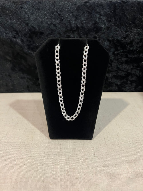 925 Sterling Silver Deck Pave Nugget Diamond Cut Curb Cuban Chain Necklace