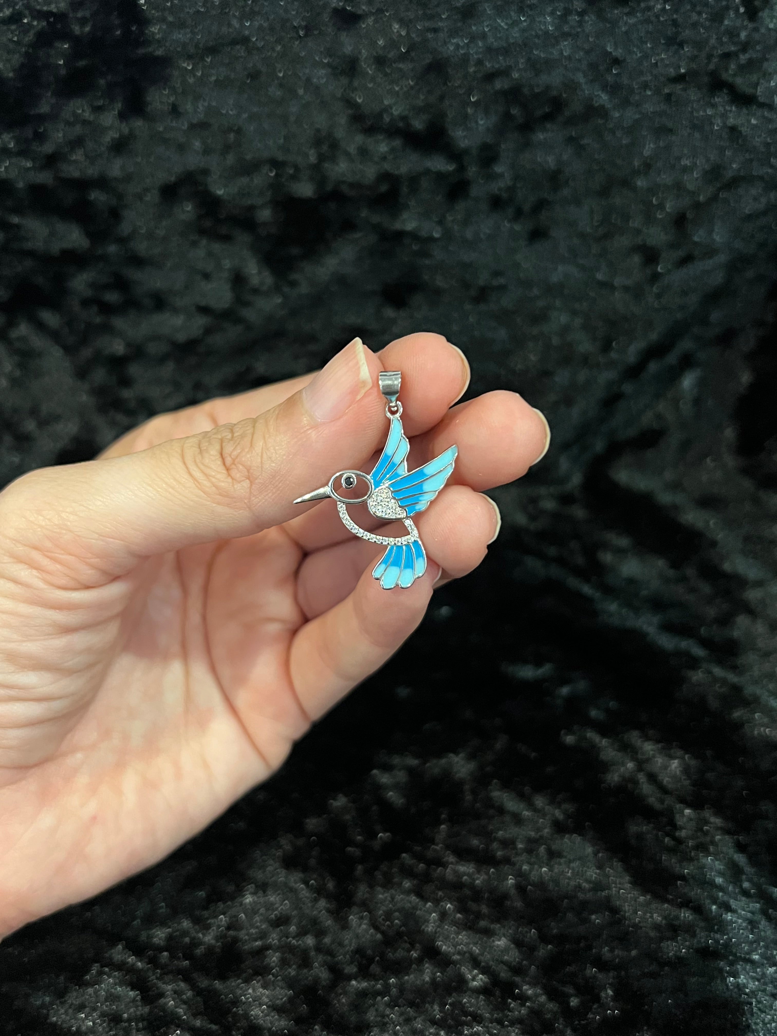 925 Sterling Silver Women's Girls Men's Blue Humming Bird Pendant Charm