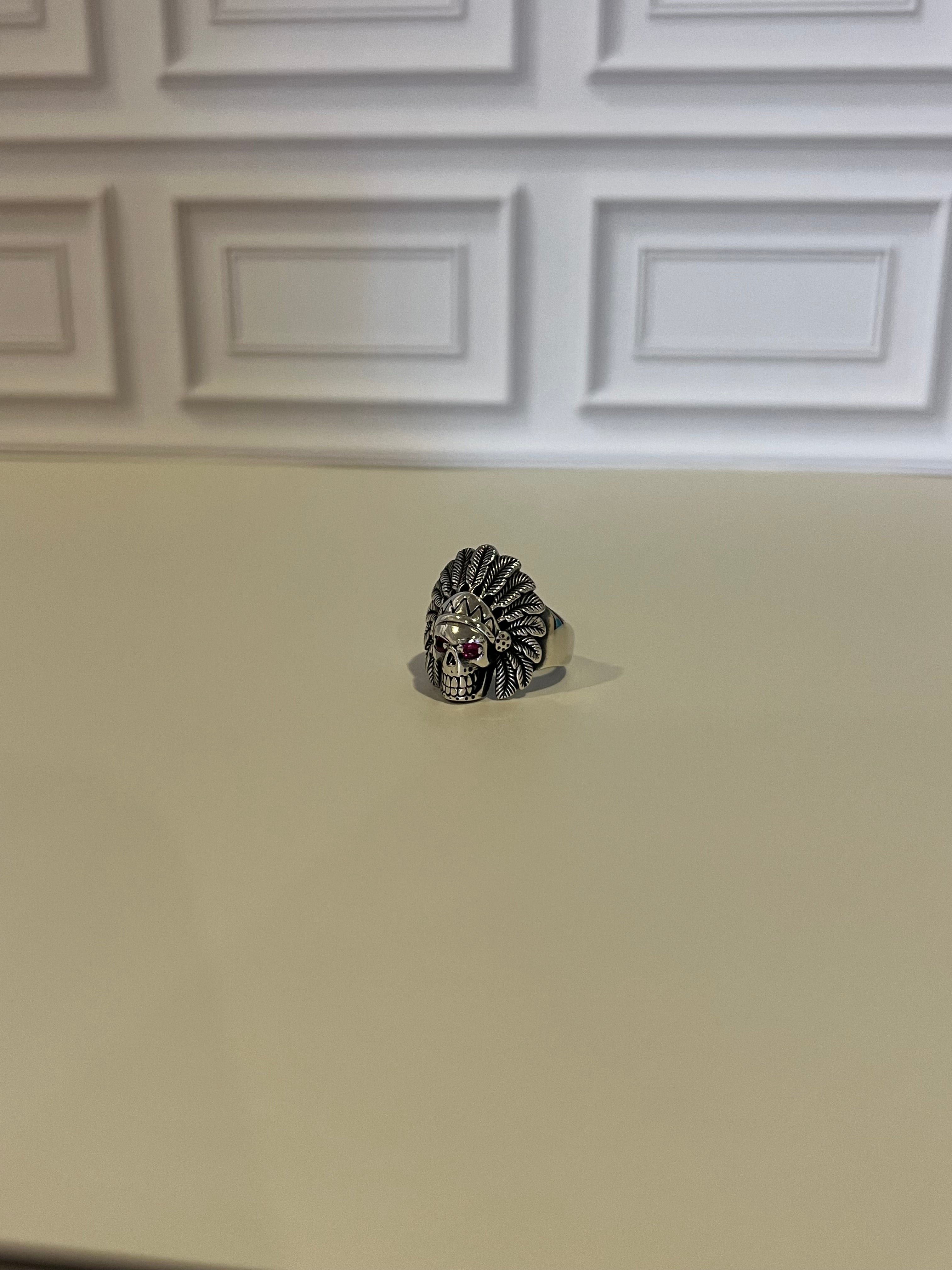 925 Sterling Silver Men's Indian Chief Skull Oxidized Ring